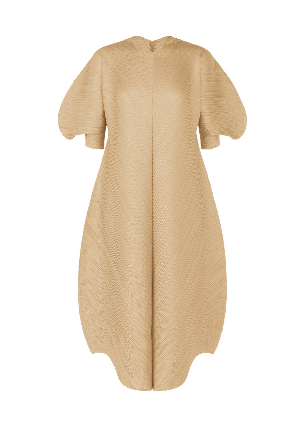The COAST dress by PLEATS PLEASE ISSEY MIYAKE is a beige design with short, rounded sleeves, a structured voluminous shape, and fine diagonal pleats that form a subtle wave pattern with a smooth, seamless texture. view 1 of 8