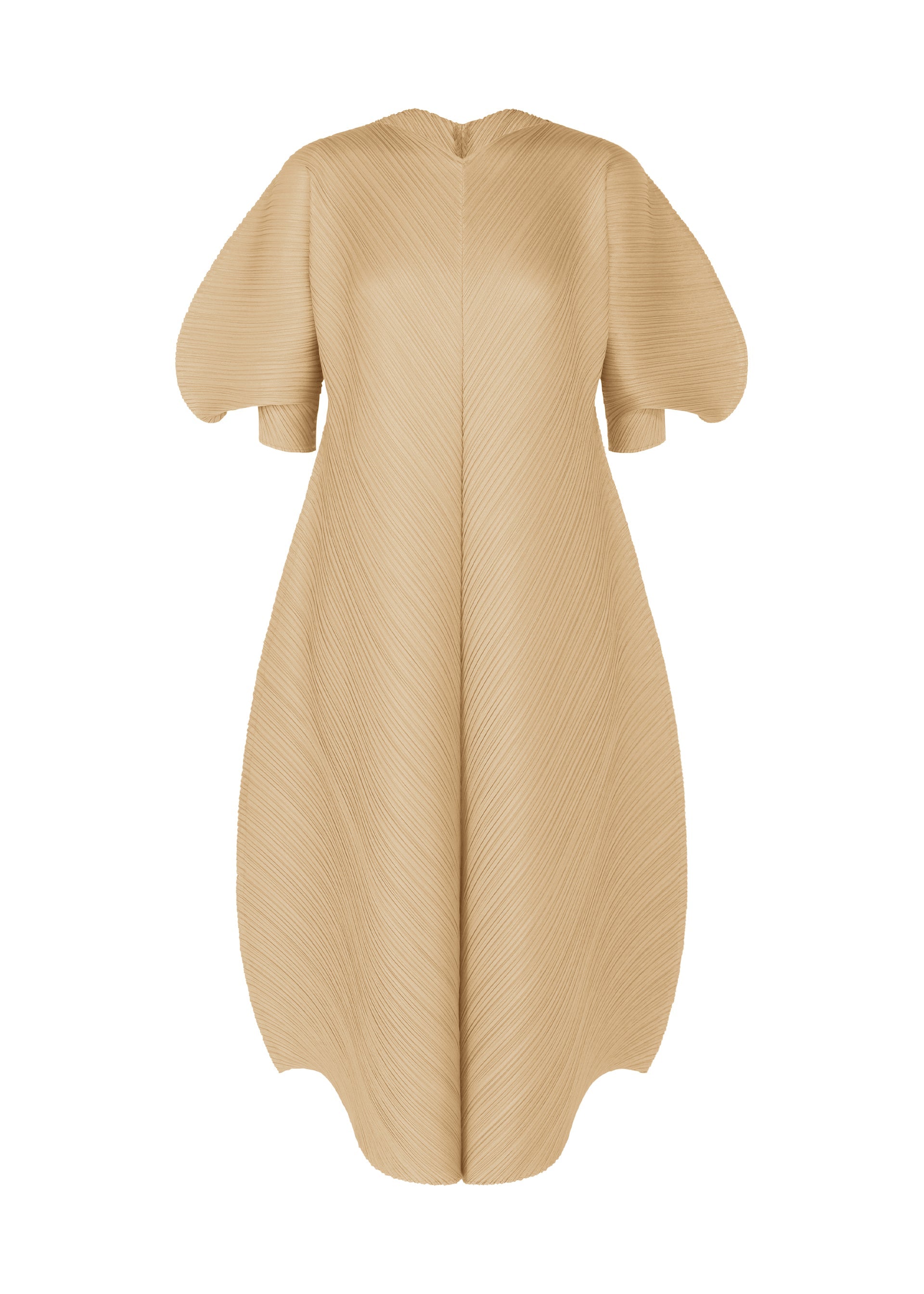 Zoomed view The COAST dress by PLEATS PLEASE ISSEY MIYAKE is a beige design with short, rounded sleeves, a structured voluminous shape, and fine diagonal pleats that form a subtle wave pattern with a smooth, seamless texture. - SAND BEIGE （no.43）
