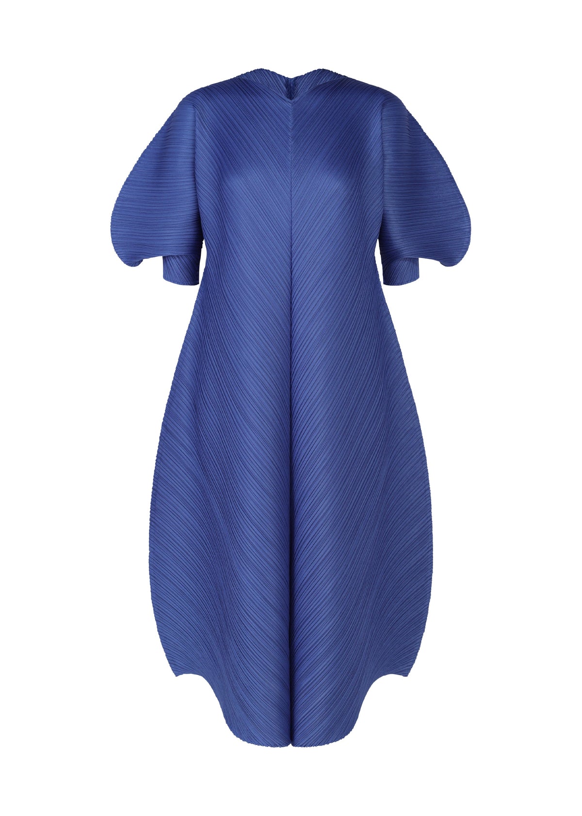 The COAST dress by PLEATS PLEASE ISSEY MIYAKE is a blue pleated midi with puffy sleeves, a V-neckline, and a flowing silhouette featuring a subtle wave pattern. view 2 of 8