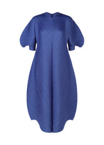 The COAST dress by PLEATS PLEASE ISSEY MIYAKE is a blue pleated midi with puffy sleeves, a V-neckline, and a flowing silhouette featuring a subtle wave pattern. - BLUE （no.72）