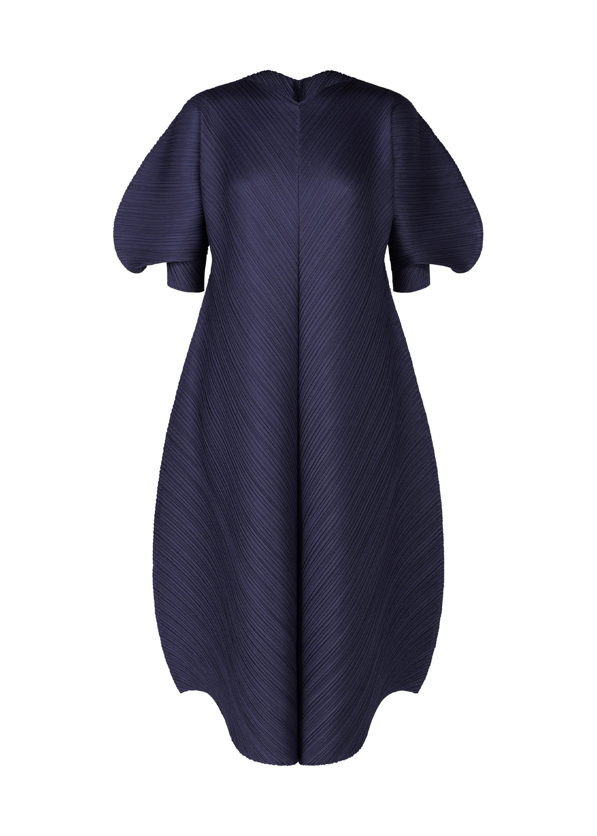 The COAST dress by PLEATS PLEASE ISSEY MIYAKE features a sculptural navy blue design with short puffed sleeves and a voluminous silhouette. Diagonal pleats create a textured wave pattern for dynamic symmetry across the garment. view 3 of 8