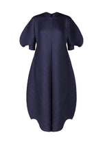 The COAST dress by PLEATS PLEASE ISSEY MIYAKE features a sculptural navy blue design with short puffed sleeves and a voluminous silhouette. Diagonal pleats create a textured wave pattern for dynamic symmetry across the garment. - NAVY （no.75）