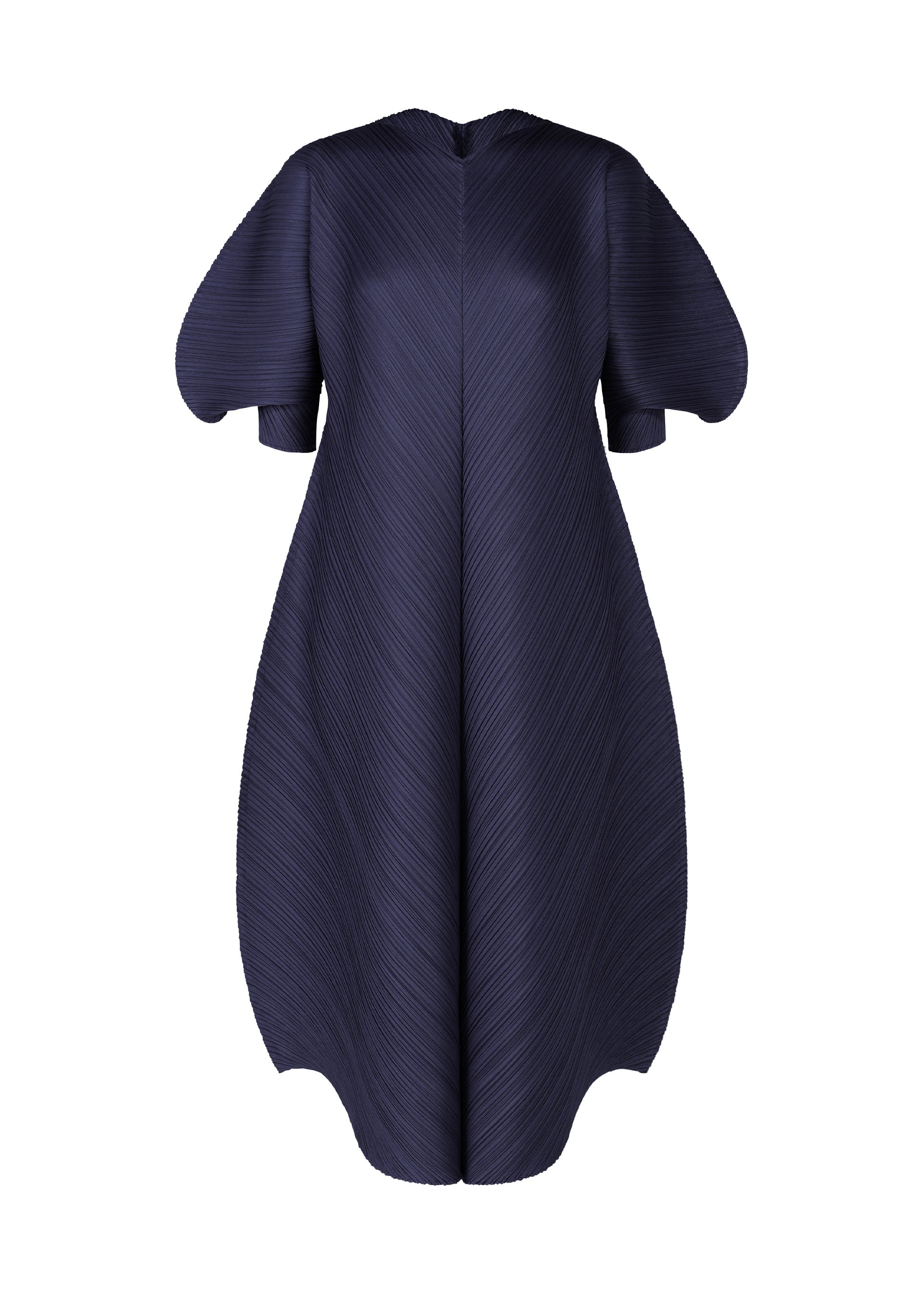 Zoomed view The COAST dress by PLEATS PLEASE ISSEY MIYAKE features a sculptural navy blue design with short puffed sleeves and a voluminous silhouette. Diagonal pleats create a textured wave pattern for dynamic symmetry across the garment. - NAVY （no.75）