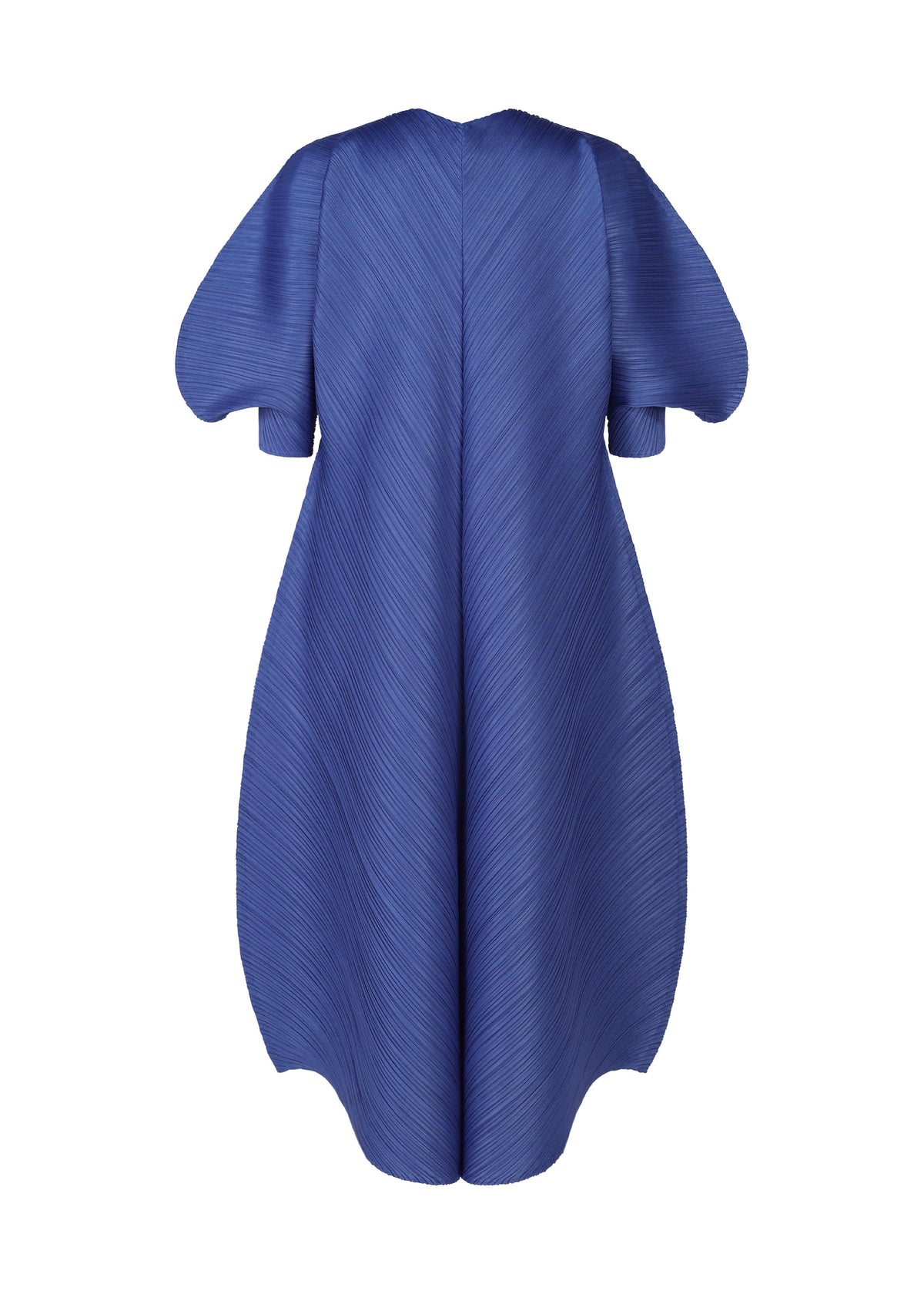 The COAST dress by PLEATS PLEASE ISSEY MIYAKE features pleated blue fabric, puffed short sleeves, and a voluminous curved silhouette. Textured diagonal lines evoke waves for a modern, architectural style. view 4 of 8