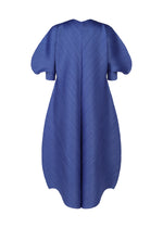 The COAST dress by PLEATS PLEASE ISSEY MIYAKE features pleated blue fabric, puffed short sleeves, and a voluminous curved silhouette. Textured diagonal lines evoke waves for a modern, architectural style.