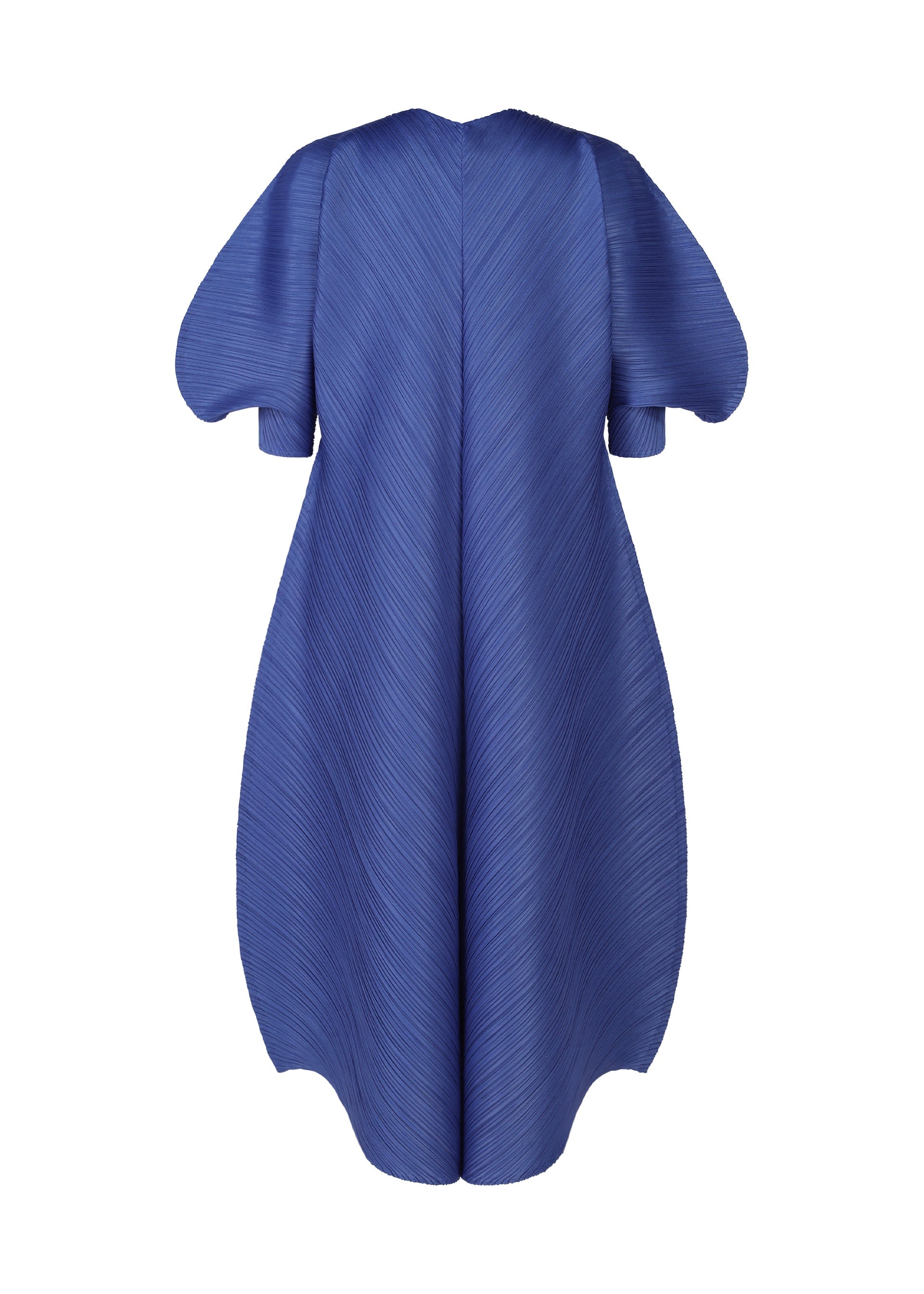Zoomed view The COAST dress by PLEATS PLEASE ISSEY MIYAKE features pleated blue fabric, puffed short sleeves, and a voluminous curved silhouette. Textured diagonal lines evoke waves for a modern, architectural style.