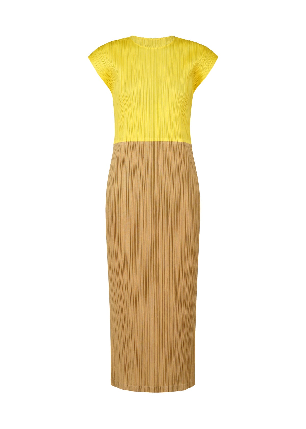 The SWING dress by PLEATS PLEASE ISSEY MIYAKE features a yellow ribbed sleeveless top and light brown pleated midi skirt, creating an elegant two-tone design with a fitted silhouette and round neck, perfect for any occasion. view 1 of 14
