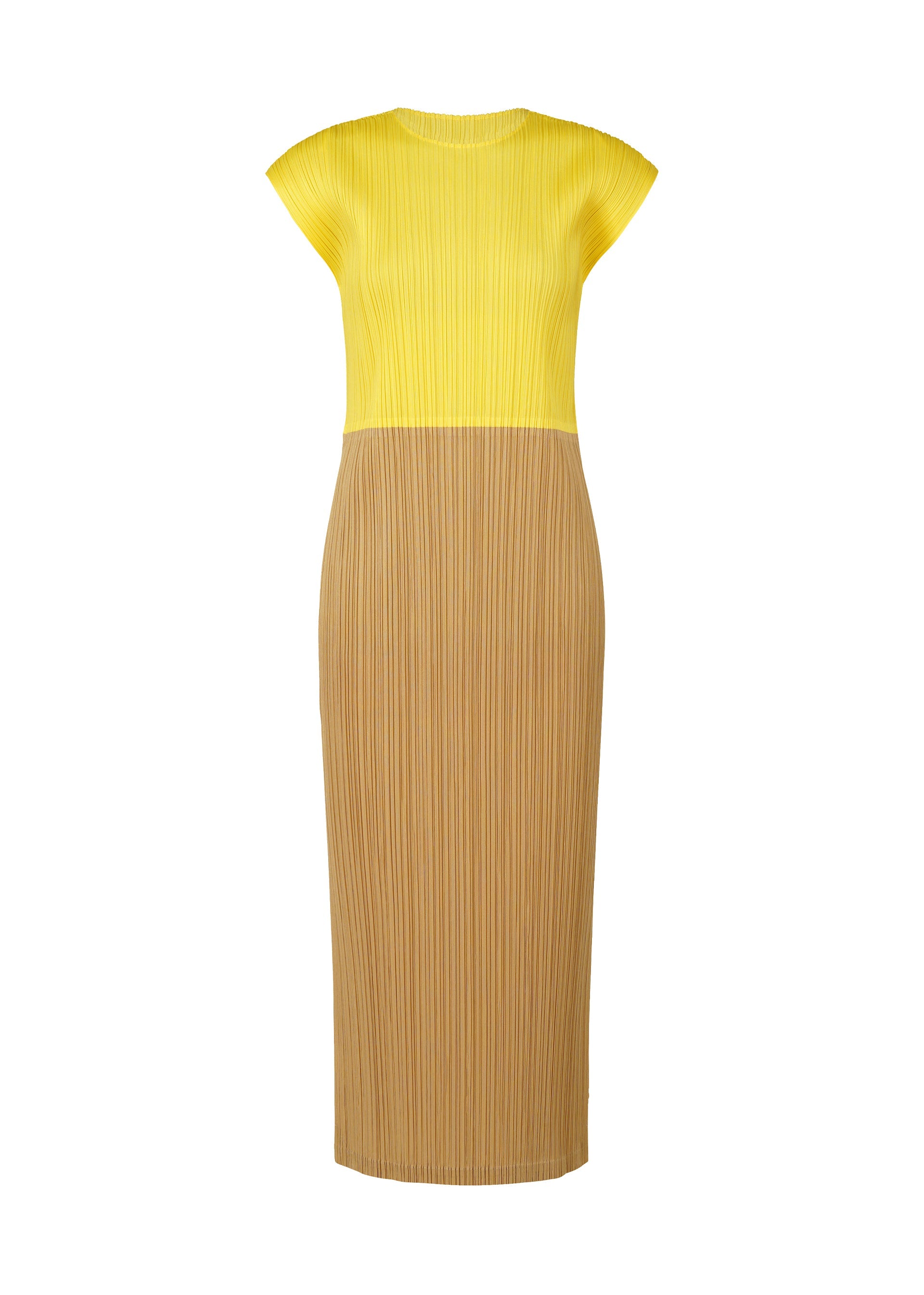 Zoomed view The SWING dress by PLEATS PLEASE ISSEY MIYAKE features a yellow ribbed sleeveless top and light brown pleated midi skirt, creating an elegant two-tone design with a fitted silhouette and round neck, perfect for any occasion. - YELLOW (no.52)