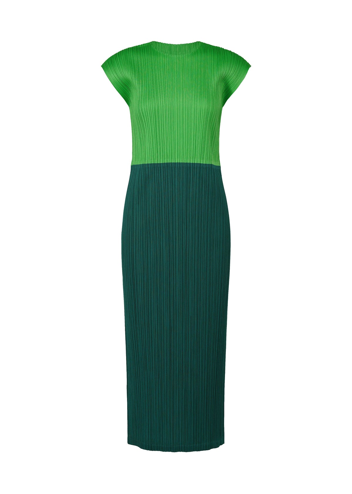 The SWING dress by PLEATS PLEASE ISSEY MIYAKE is a calf-length, sleeveless piece with pleated texture and a round neck. Featuring a light green top and dark green bottom, its two-tone design is divided elegantly at the waist. view 2 of 14