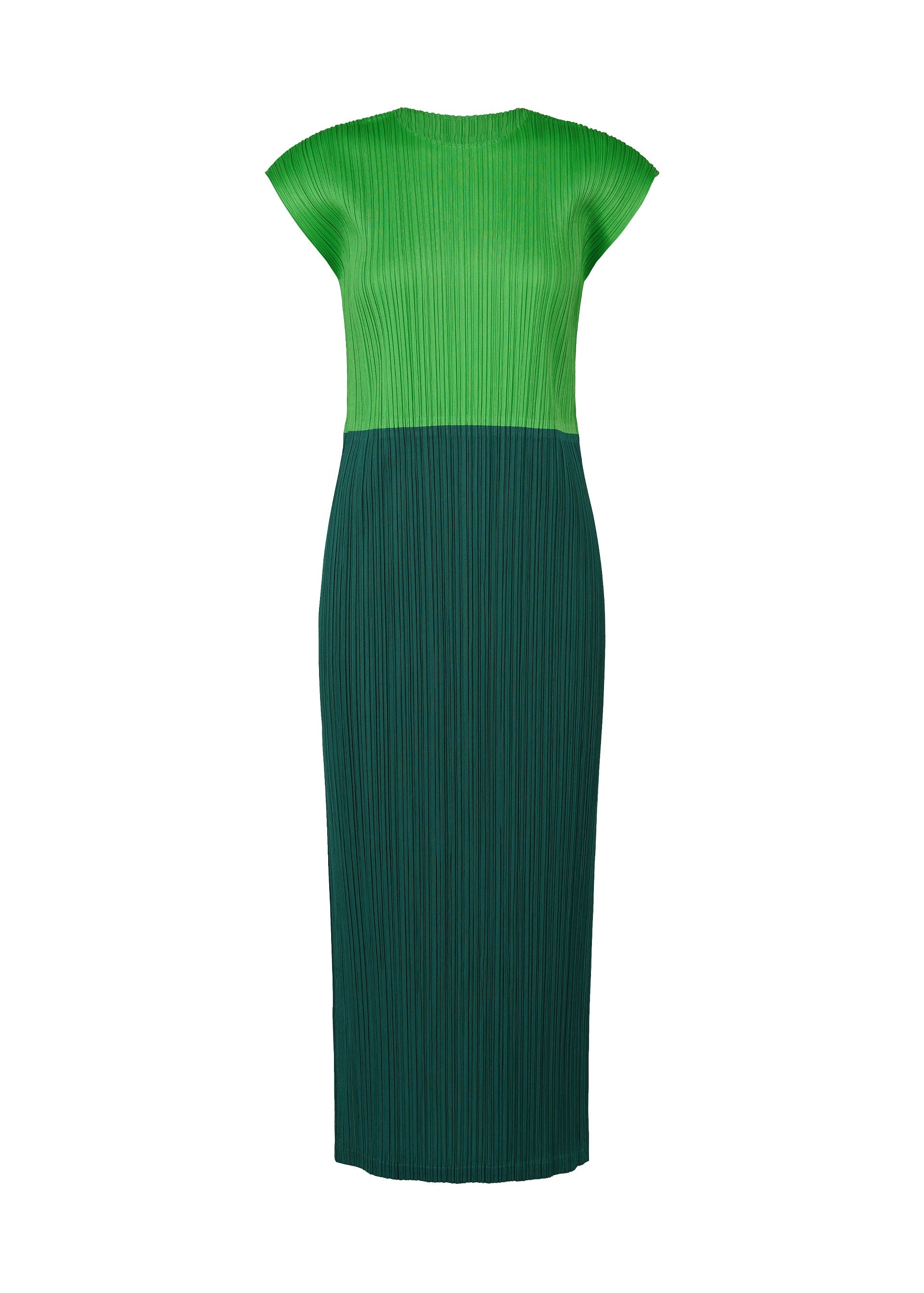 Zoomed view The SWING dress by PLEATS PLEASE ISSEY MIYAKE is a calf-length, sleeveless piece with pleated texture and a round neck. Featuring a light green top and dark green bottom, its two-tone design is divided elegantly at the waist. - GREEN (no.62)