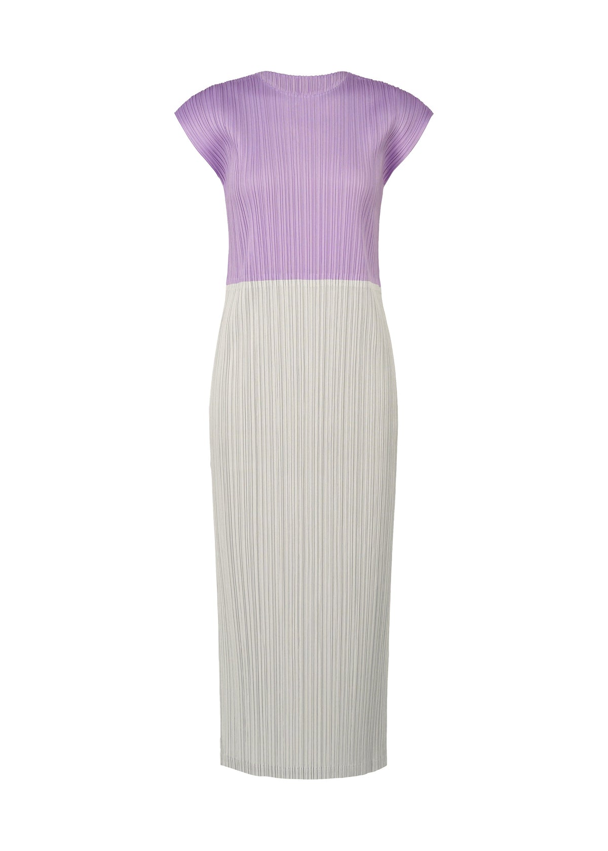 The SWING dress by PLEATS PLEASE ISSEY MIYAKE features a fitted, two-tone silhouette with a lilac pleated top, light grey pleated skirt, and a round neckline, separated by a waist seam for an elegant, modern look. view 3 of 14
