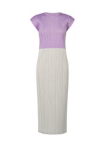 The SWING dress by PLEATS PLEASE ISSEY MIYAKE features a fitted, two-tone silhouette with a lilac pleated top, light grey pleated skirt, and a round neckline, separated by a waist seam for an elegant, modern look. - LIGHT PURPLE (no.80)
