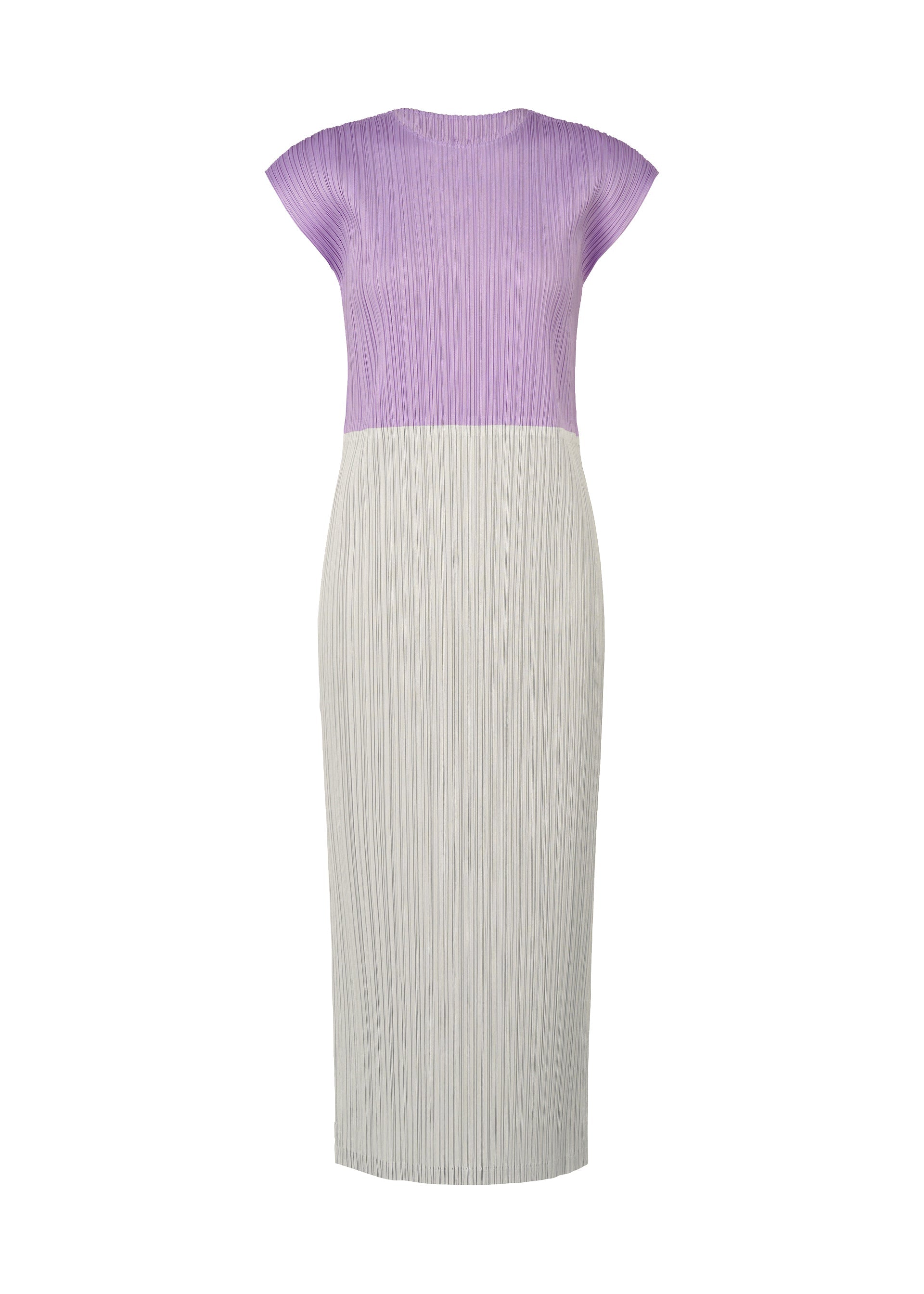 Zoomed view The SWING dress by PLEATS PLEASE ISSEY MIYAKE features a fitted, two-tone silhouette with a lilac pleated top, light grey pleated skirt, and a round neckline, separated by a waist seam for an elegant, modern look. - LIGHT PURPLE (no.80)