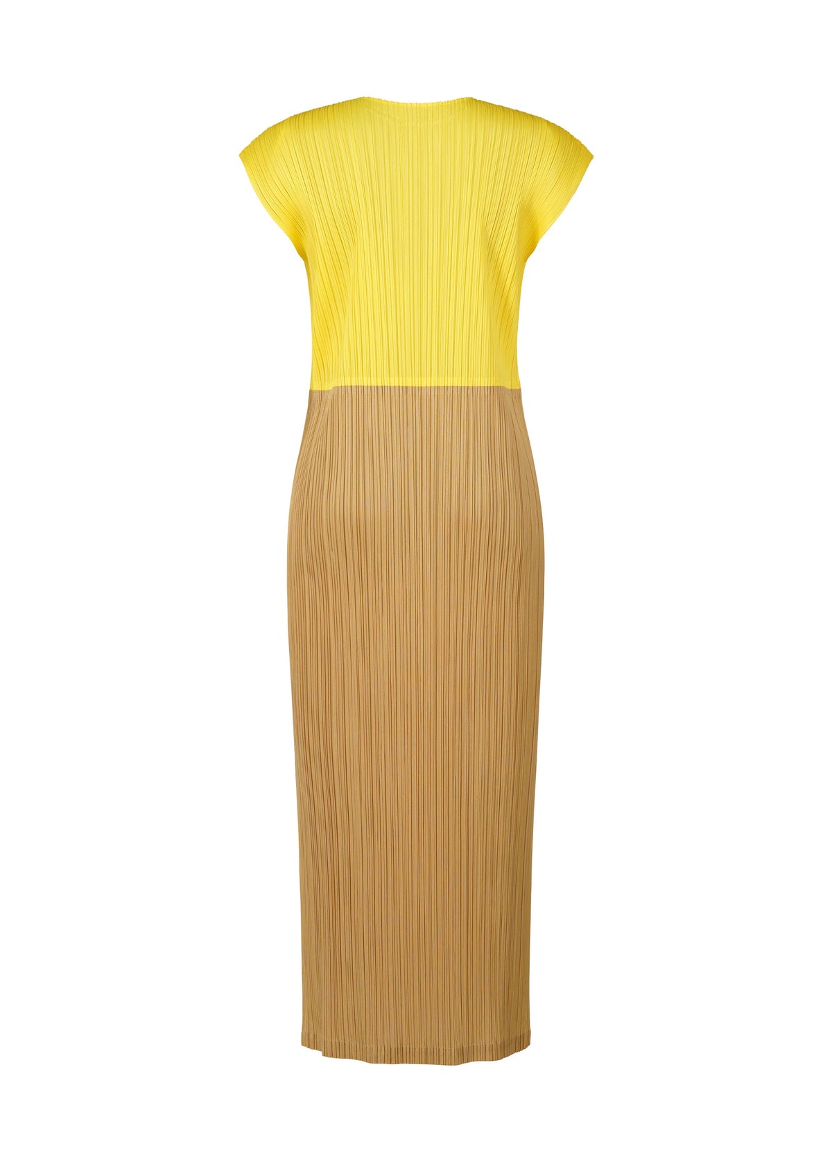 Back view of SWING dress by PLEATS PLEASE ISSEY MIYAKE: a round-neck, two-tone design with French sleeves, showcasing pleated yellow on top and pleated light brown on the bottom. view 4 of 14