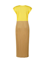 Back view of SWING dress by PLEATS PLEASE ISSEY MIYAKE: a round-neck, two-tone design with French sleeves, showcasing pleated yellow on top and pleated light brown on the bottom.