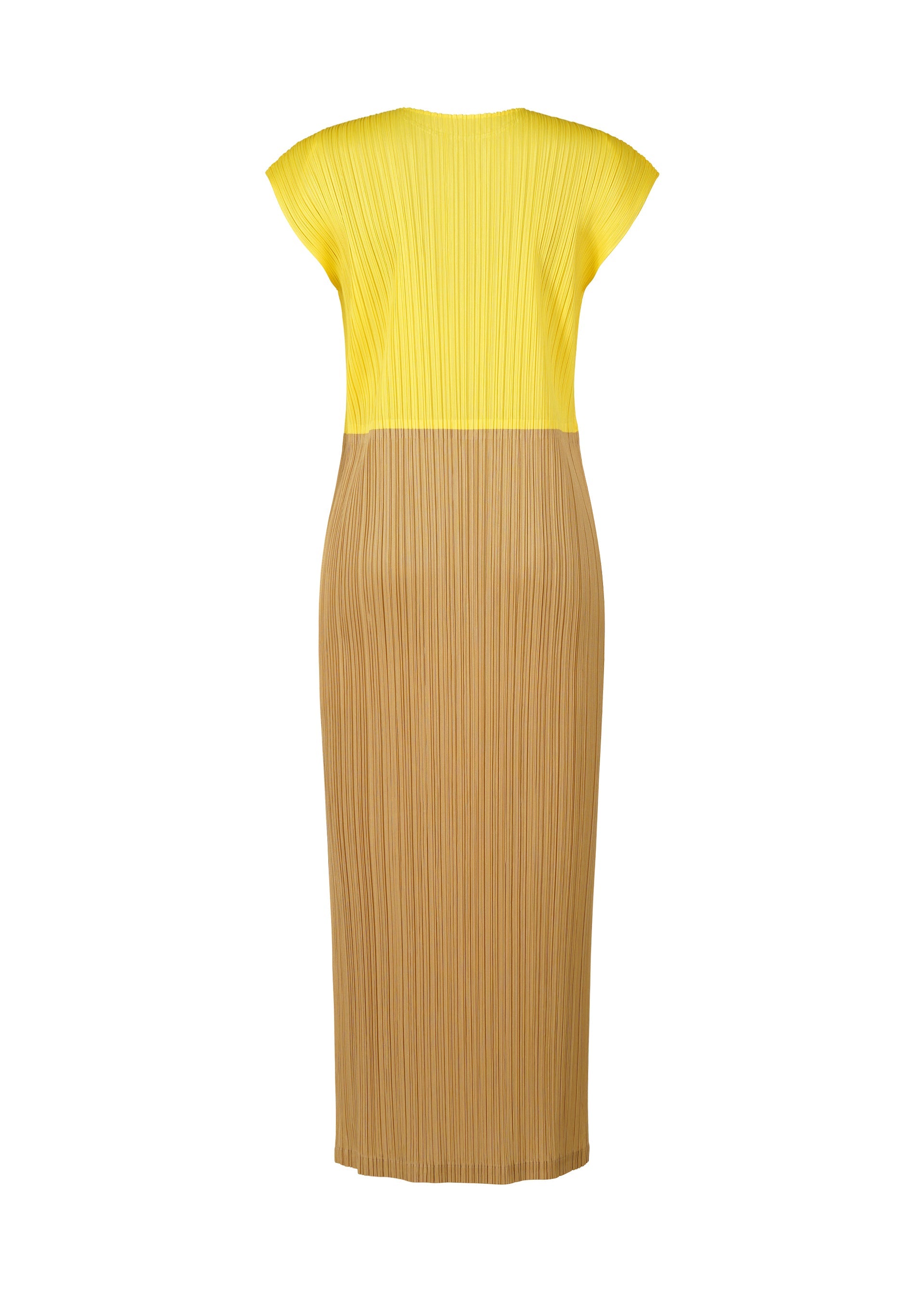 Zoomed view Back view of SWING dress by PLEATS PLEASE ISSEY MIYAKE: a round-neck, two-tone design with French sleeves, showcasing pleated yellow on top and pleated light brown on the bottom.