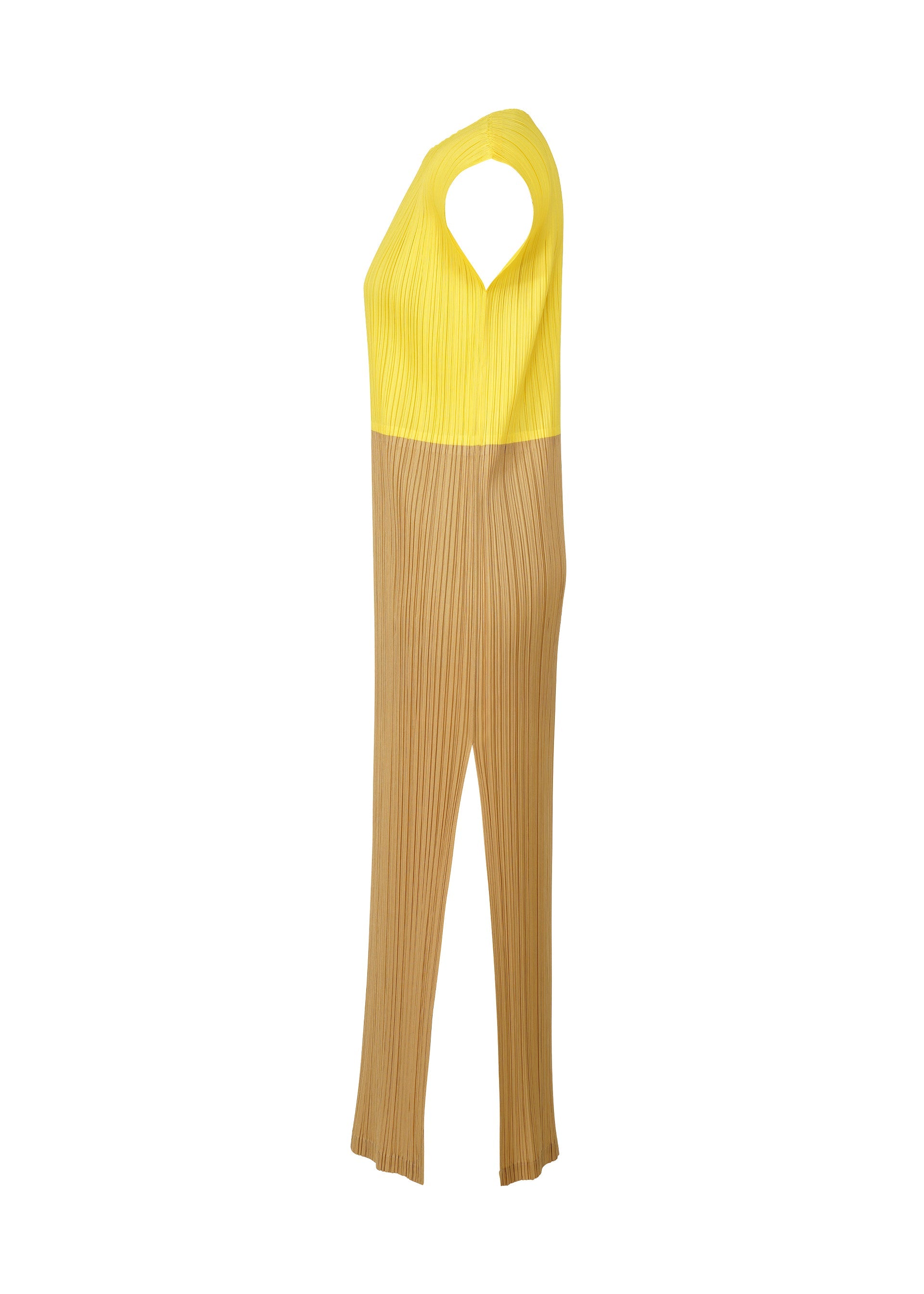 Zoomed view The SWING jumpsuit by PLEATS PLEASE ISSEY MIYAKE features a sleeveless, yellow ribbed fitted upper and light brown pleated wide-leg pants, shown from the side on a white background.