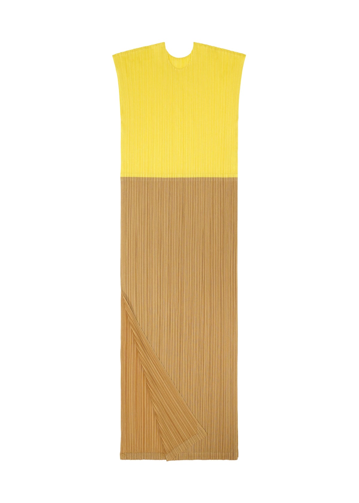 The SWING dress by PLEATS PLEASE ISSEY MIYAKE is sleeveless and round-necked, with a straight cut and two-tone design—bright yellow top, light brown pleated skirt, plus an asymmetrical folded detail on one side. view 6 of 14