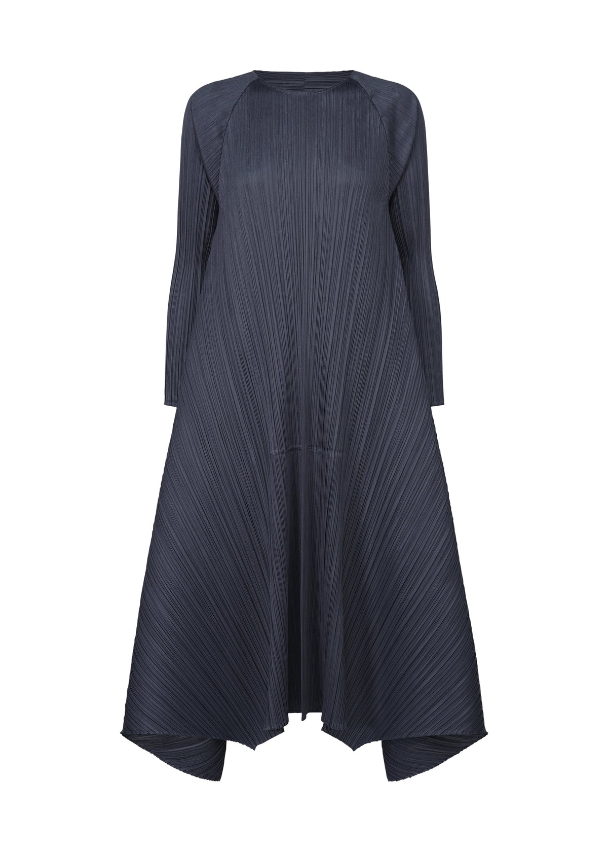 The CITY FRAME dress by PLEATS PLEASE ISSEY MIYAKE is a long-sleeved, dark navy pleated piece with a voluminous silhouette, flared hem, asymmetrical flowing design, and high neckline for modern sculptural elegance. view 2 of 8