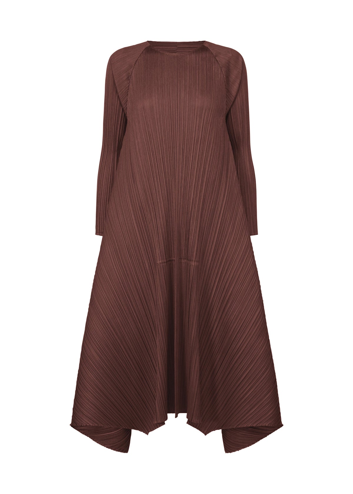 The CITY FRAME dress by PLEATS PLEASE ISSEY MIYAKE features long sleeves, ankle length, brown pleats, an asymmetrical hemline, textured fabric, and a relaxed round-neck silhouette for effortless elegance. view 3 of 8