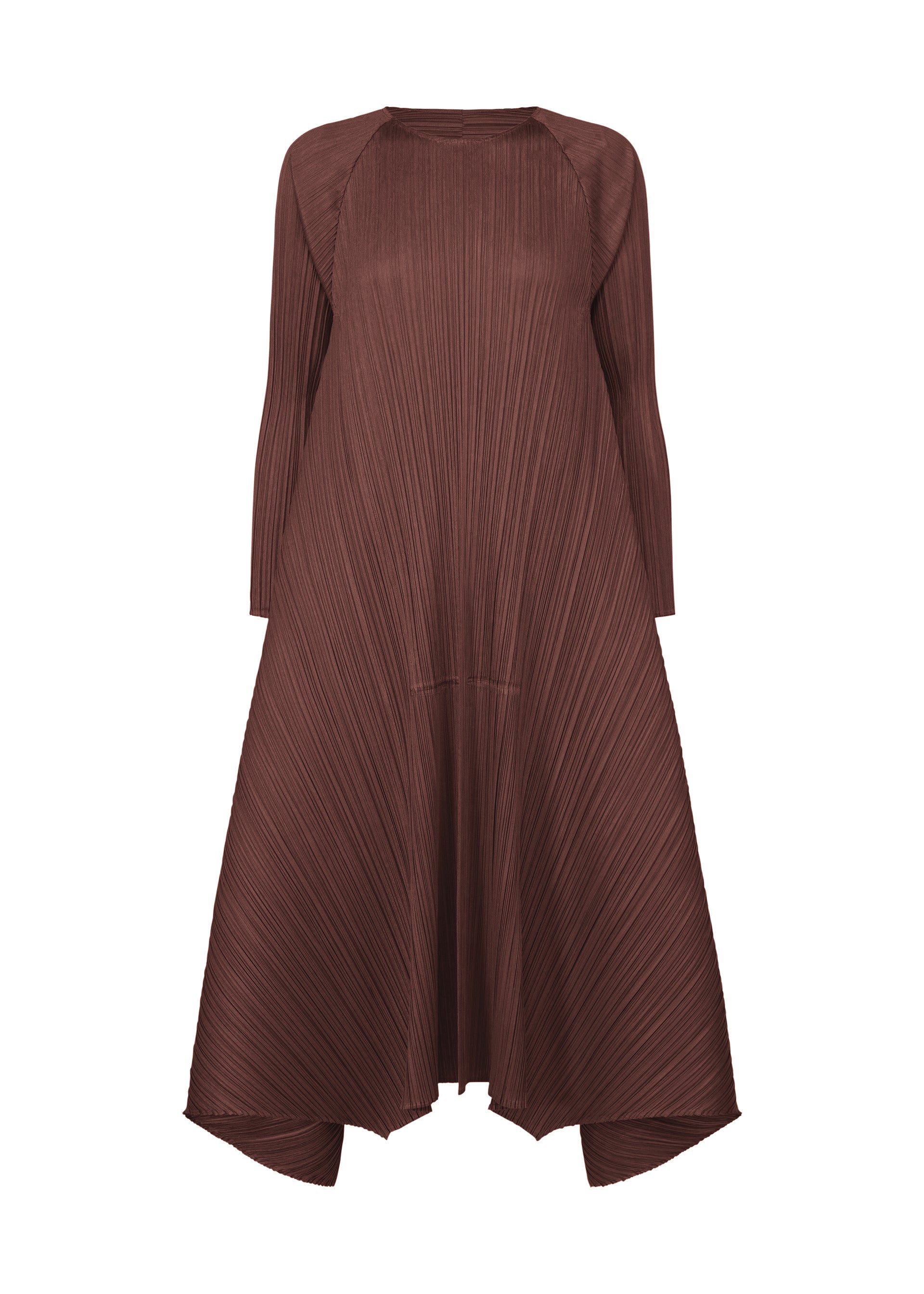 Zoomed view The CITY FRAME dress by PLEATS PLEASE ISSEY MIYAKE features long sleeves, ankle length, brown pleats, an asymmetrical hemline, textured fabric, and a relaxed round-neck silhouette for effortless elegance. - BORDEAUX （no.84）