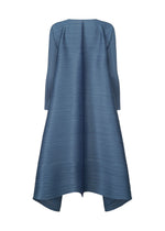 The CITY FRAME dress by PLEATS PLEASE ISSEY MIYAKE is a long-sleeved, blue pleated piece with a voluminous silhouette and an asymmetrical hemline, shown against a plain white background.