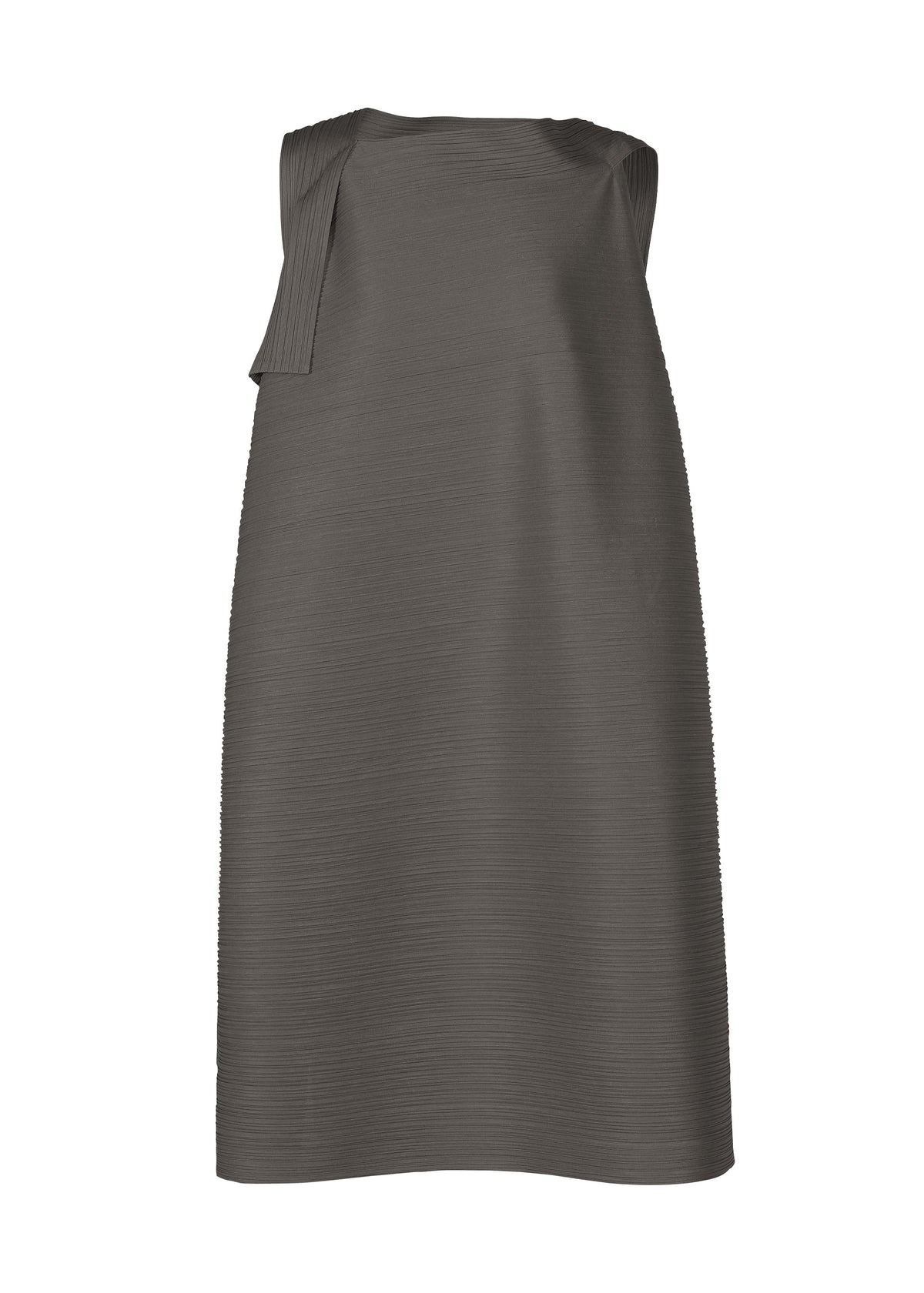 The BOUNCY BASKET dress by PLEATS PLEASE ISSEY MIYAKE is a sleeveless, knee-length charcoal gray piece with a subtle textured fabric and an asymmetrical pleated detail on the left shoulder, offering a refined, streamlined silhouette. view 1 of 8