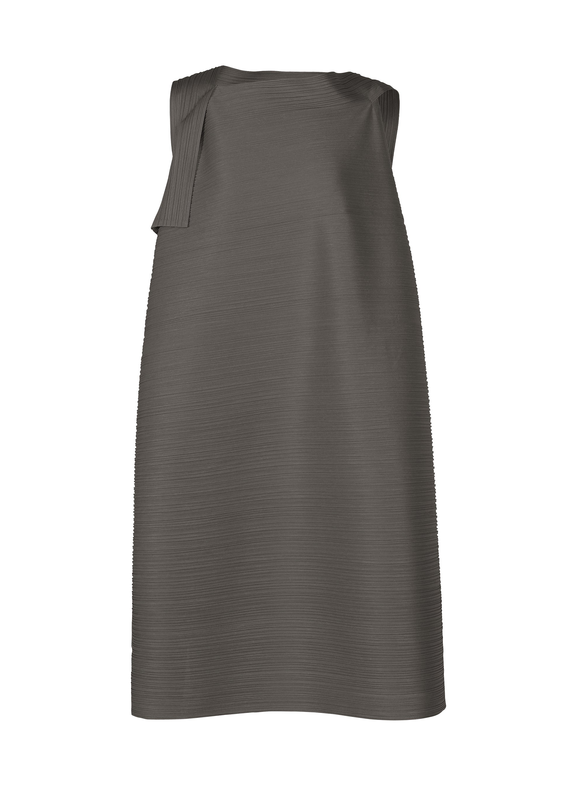 Zoomed view The BOUNCY BASKET dress by PLEATS PLEASE ISSEY MIYAKE is a sleeveless, knee-length charcoal gray piece with a subtle textured fabric and an asymmetrical pleated detail on the left shoulder, offering a refined, streamlined silhouette. - CHARCOAL （no.17）