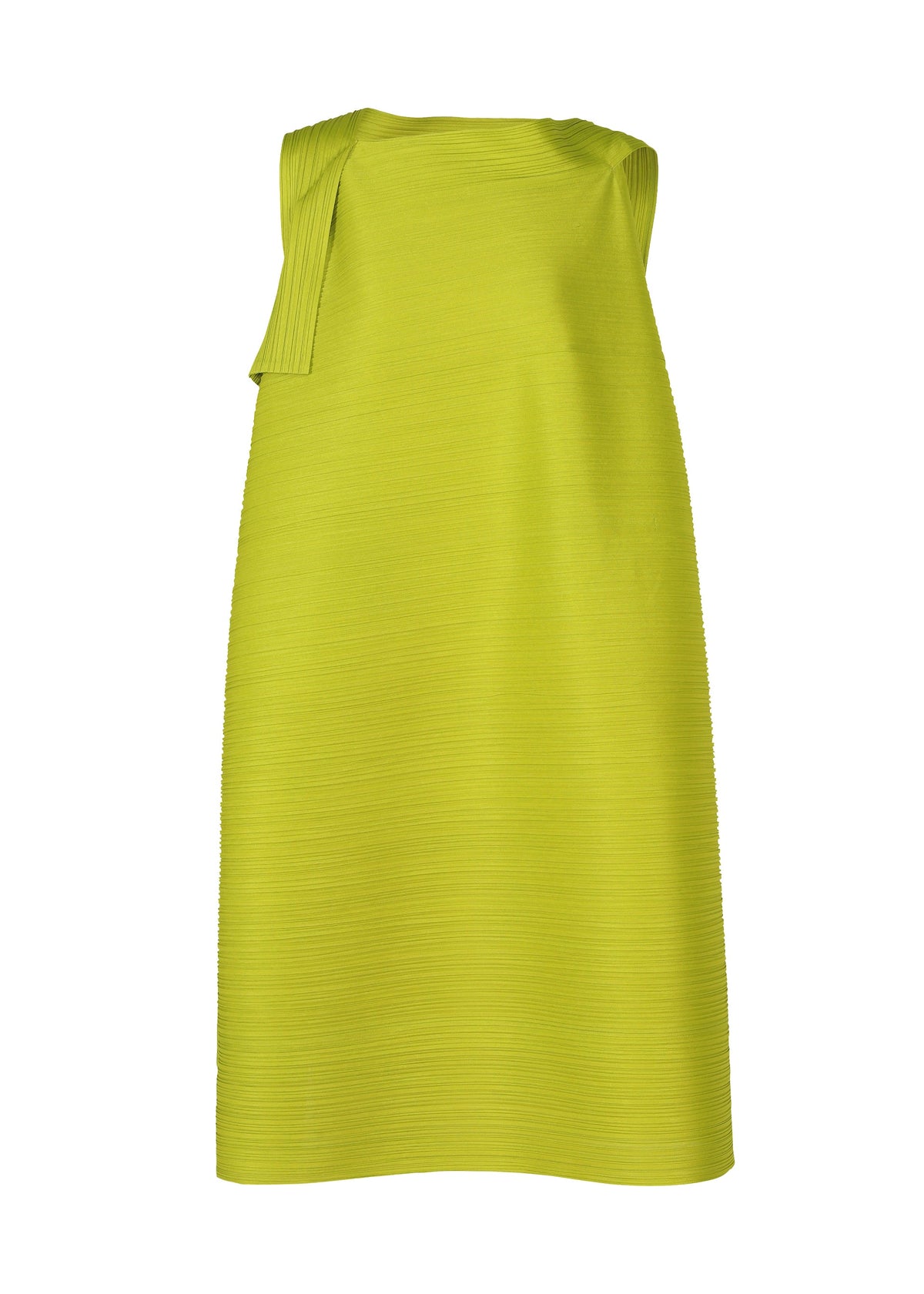 The BOUNCY BASKET dress by PLEATS PLEASE ISSEY MIYAKE features a sleeveless, bright yellow-green ribbed fabric with a small pleated detail on one shoulder, offering a modern twist on the classic pleated dress. view 2 of 8
