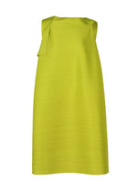 The BOUNCY BASKET dress by PLEATS PLEASE ISSEY MIYAKE features a sleeveless, bright yellow-green ribbed fabric with a small pleated detail on one shoulder, offering a modern twist on the classic pleated dress. - YELLOW GREEN （no.64）