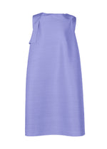 The BOUNCY BASKET dress by PLEATS PLEASE ISSEY MIYAKE is a sleeveless, light lavender piece with a ribbed texture and asymmetric pleated shoulder detail, offering modern elegance in a simple straight silhouette. - STEEL BLUE （no.74）