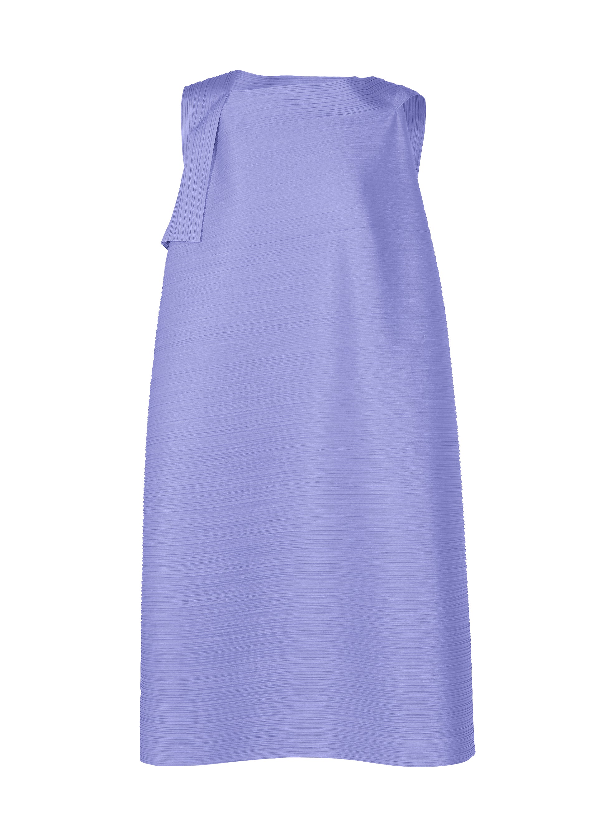 Zoomed view The BOUNCY BASKET dress by PLEATS PLEASE ISSEY MIYAKE is a sleeveless, light lavender piece with a ribbed texture and asymmetric pleated shoulder detail, offering modern elegance in a simple straight silhouette. - STEEL BLUE （no.74）