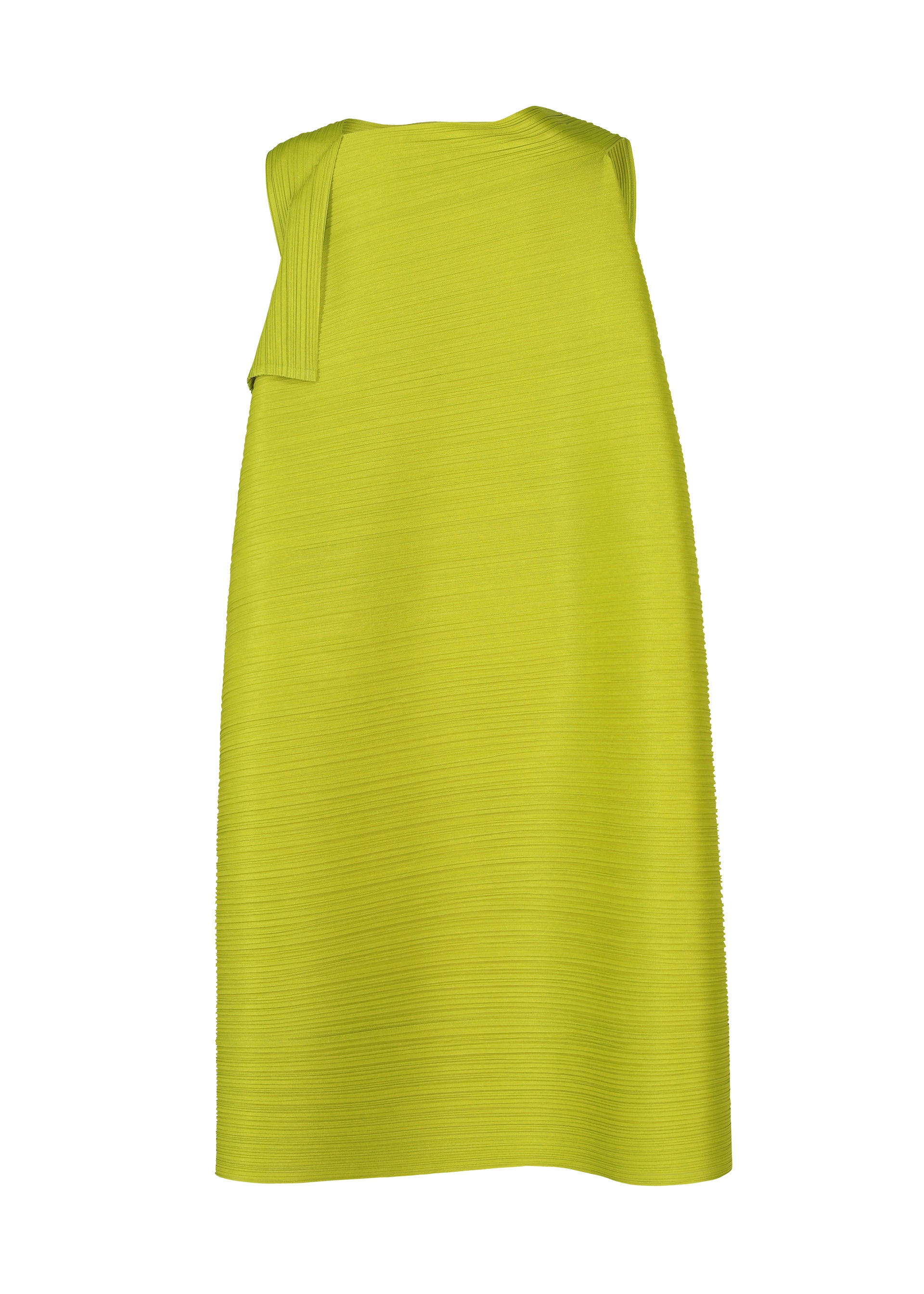 Zoomed view The BOUNCY BASKET dress by PLEATS PLEASE ISSEY MIYAKE is sleeveless in bright yellow-green with a ribbed texture and an asymmetrical folded shoulder, inspired by basket-style designs.