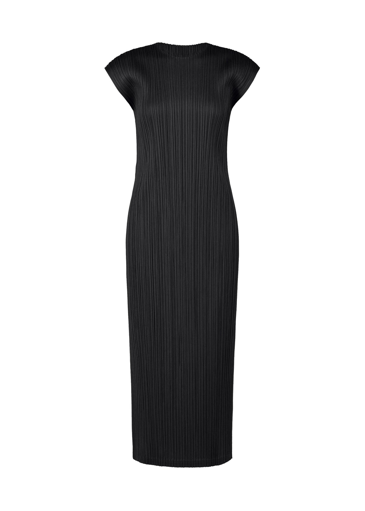 The SWING SOLID by PLEATS PLEASE ISSEY MIYAKE is a black knee-length round-neck dress with French sleeves, a fitted silhouette, and vertical pleats, shown against a white background. Ideal for versatile styling. view 1 of 6