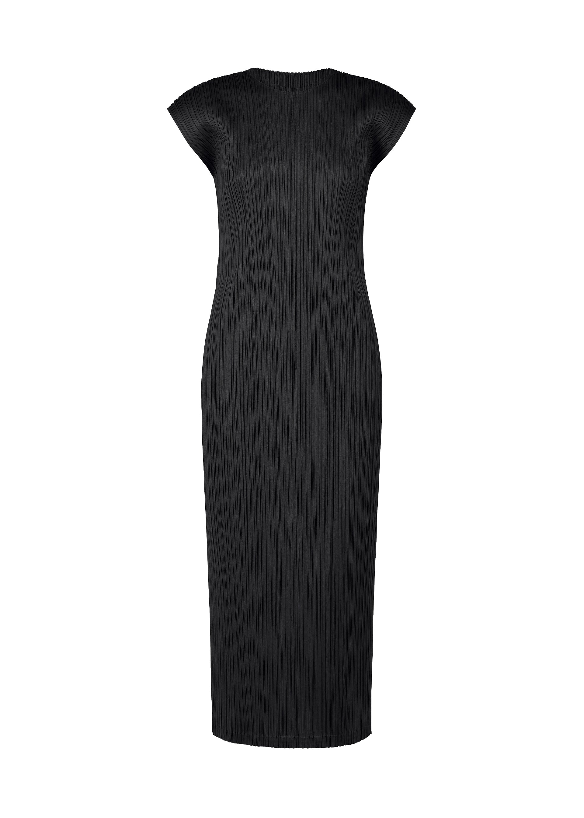 Zoomed view The SWING SOLID by PLEATS PLEASE ISSEY MIYAKE is a black knee-length round-neck dress with French sleeves, a fitted silhouette, and vertical pleats, shown against a white background. Ideal for versatile styling. - BLACK （no.15）
