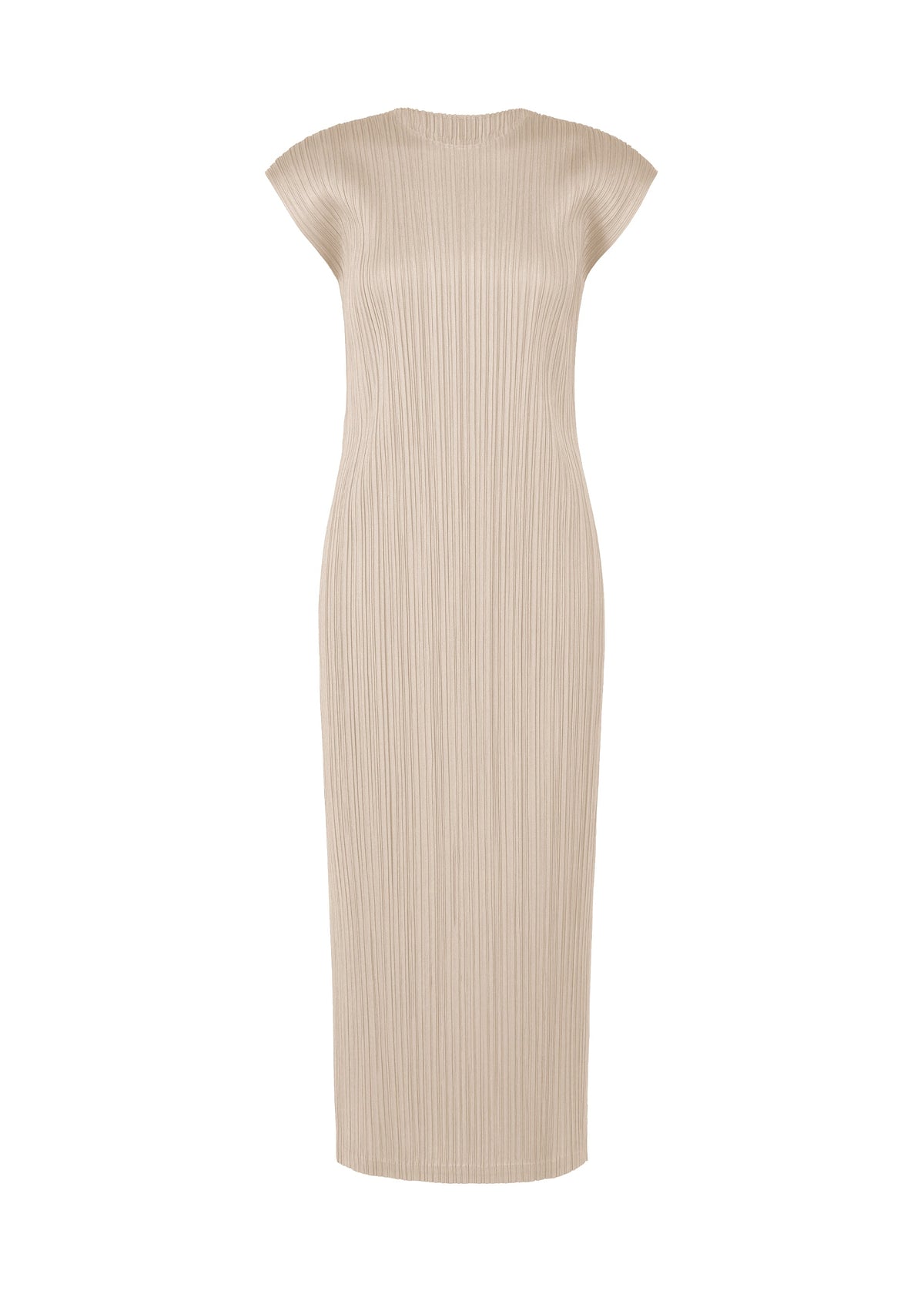 The SWING SOLID by PLEATS PLEASE ISSEY MIYAKE is a beige midi round-neck dress with French sleeves and vertical pleats. Its fitted, minimalist silhouette makes it ideal for versatile styling without visible embellishments or fastenings. view 2 of 6