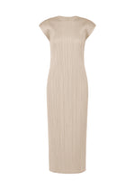 The SWING SOLID by PLEATS PLEASE ISSEY MIYAKE is a beige midi round-neck dress with French sleeves and vertical pleats. Its fitted, minimalist silhouette makes it ideal for versatile styling without visible embellishments or fastenings. - GREIGE （no.42）
