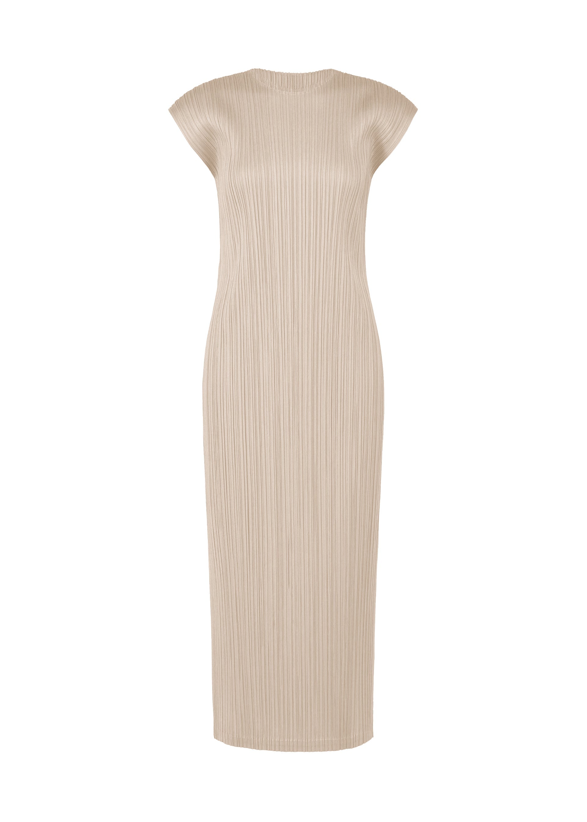 Zoomed view The SWING SOLID by PLEATS PLEASE ISSEY MIYAKE is a beige midi round-neck dress with French sleeves and vertical pleats. Its fitted, minimalist silhouette makes it ideal for versatile styling without visible embellishments or fastenings. - GREIGE （no.42）