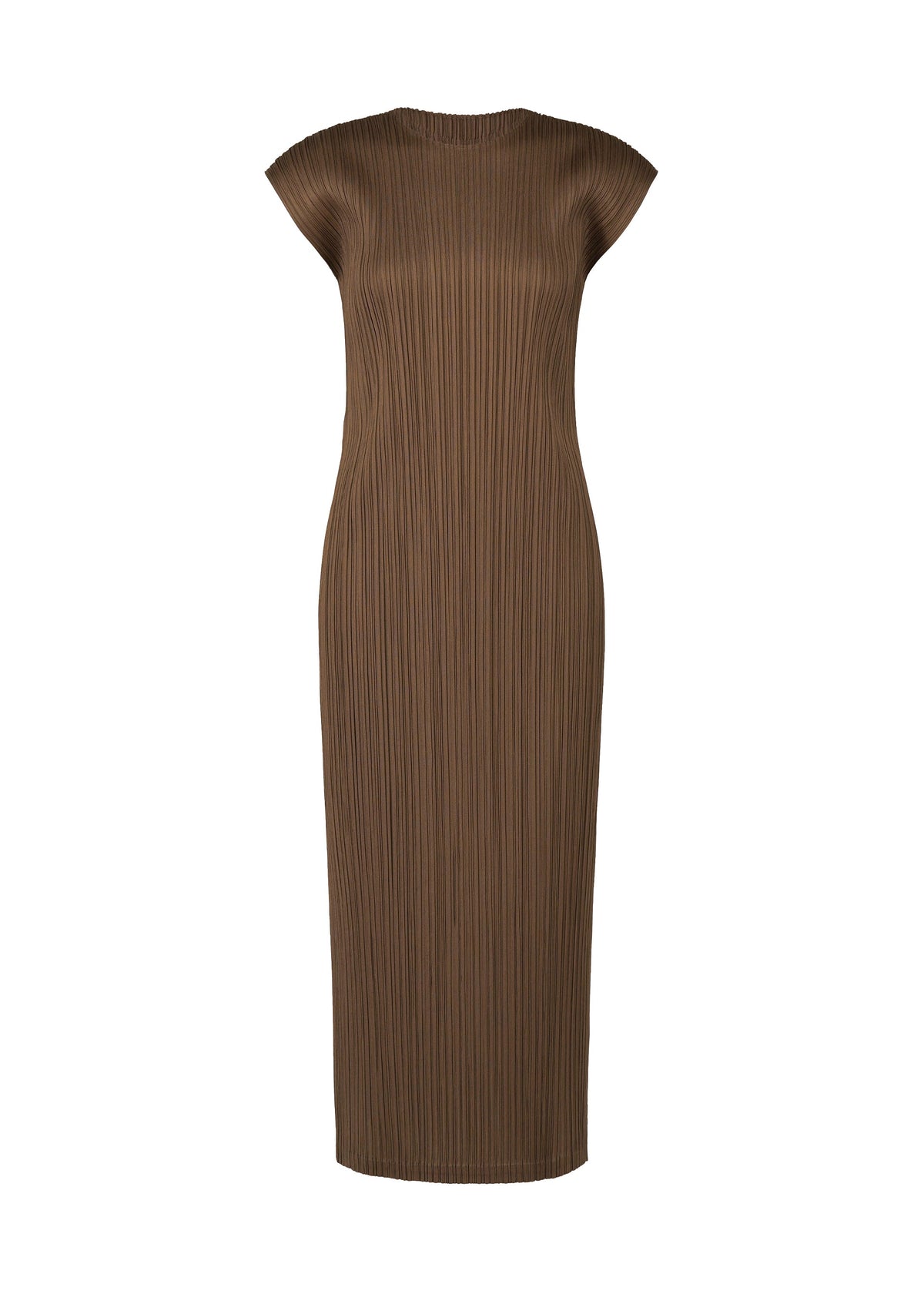The SWING SOLID by PLEATS PLEASE ISSEY MIYAKE is a sleeveless brown midi dress featuring a round neckline and signature vertical pleats, ideal for versatile styling. view 3 of 6
