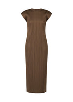 The SWING SOLID by PLEATS PLEASE ISSEY MIYAKE is a sleeveless brown midi dress featuring a round neckline and signature vertical pleats, ideal for versatile styling. - BROWN （no.44）