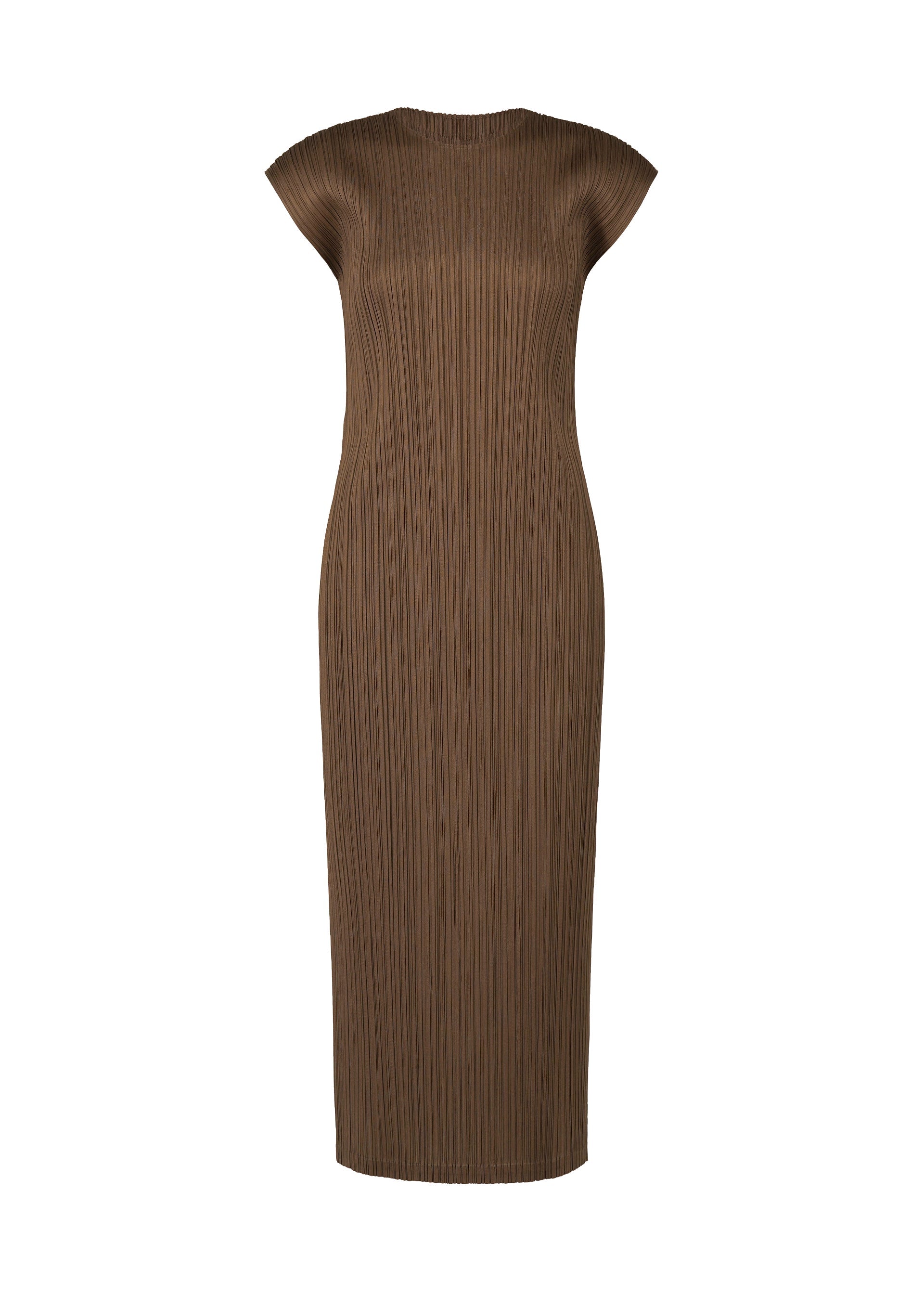 Zoomed view The SWING SOLID by PLEATS PLEASE ISSEY MIYAKE is a sleeveless brown midi dress featuring a round neckline and signature vertical pleats, ideal for versatile styling. - BROWN （no.44）