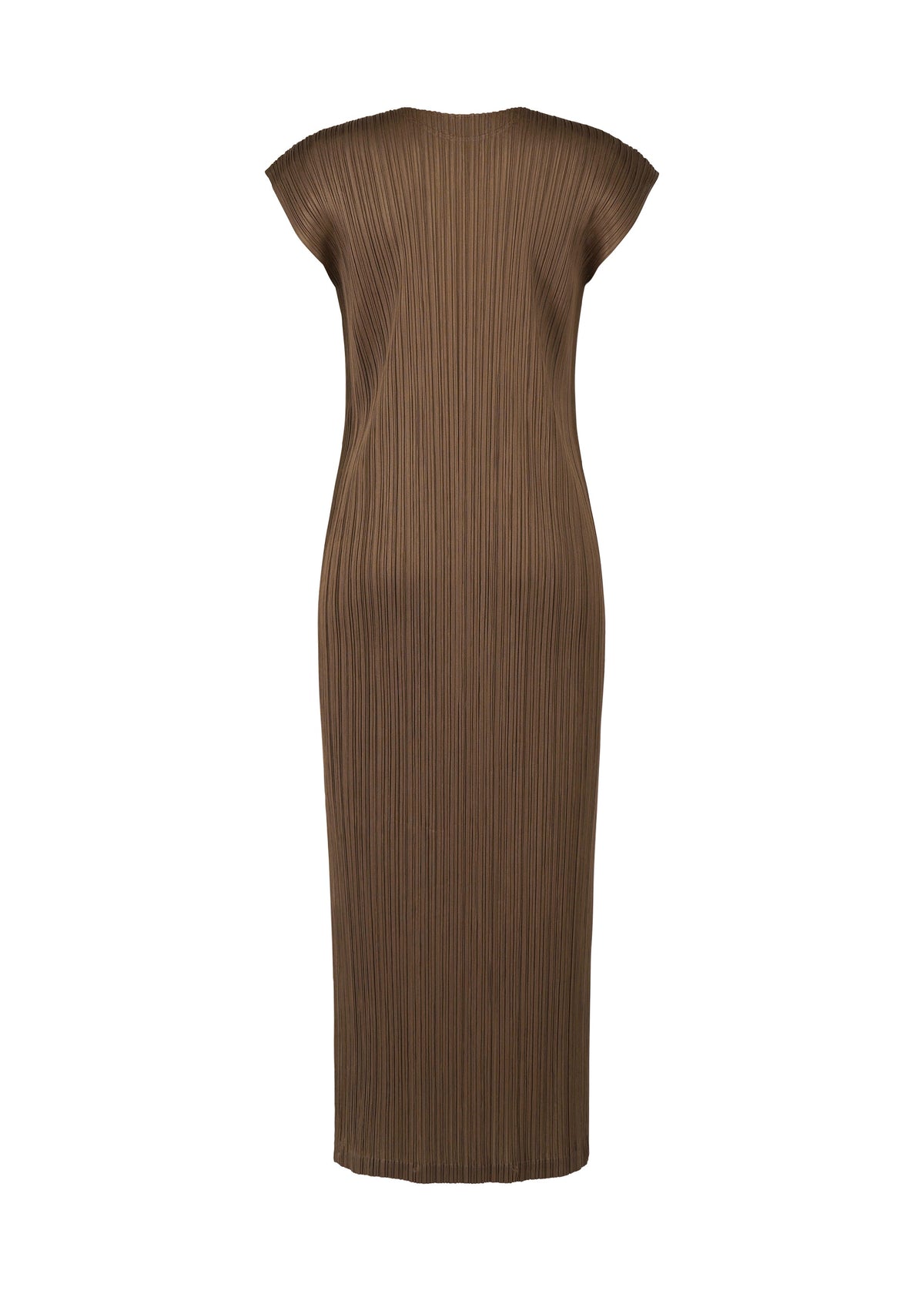 The SWING SOLID dress by PLEATS PLEASE ISSEY MIYAKE is a brown, calf-length round-neck style with French sleeves and pleated texture, shown from the back against a white background—ideal for versatile styling. view 4 of 6