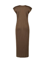 The SWING SOLID dress by PLEATS PLEASE ISSEY MIYAKE is a brown, calf-length round-neck style with French sleeves and pleated texture, shown from the back against a white background—ideal for versatile styling.