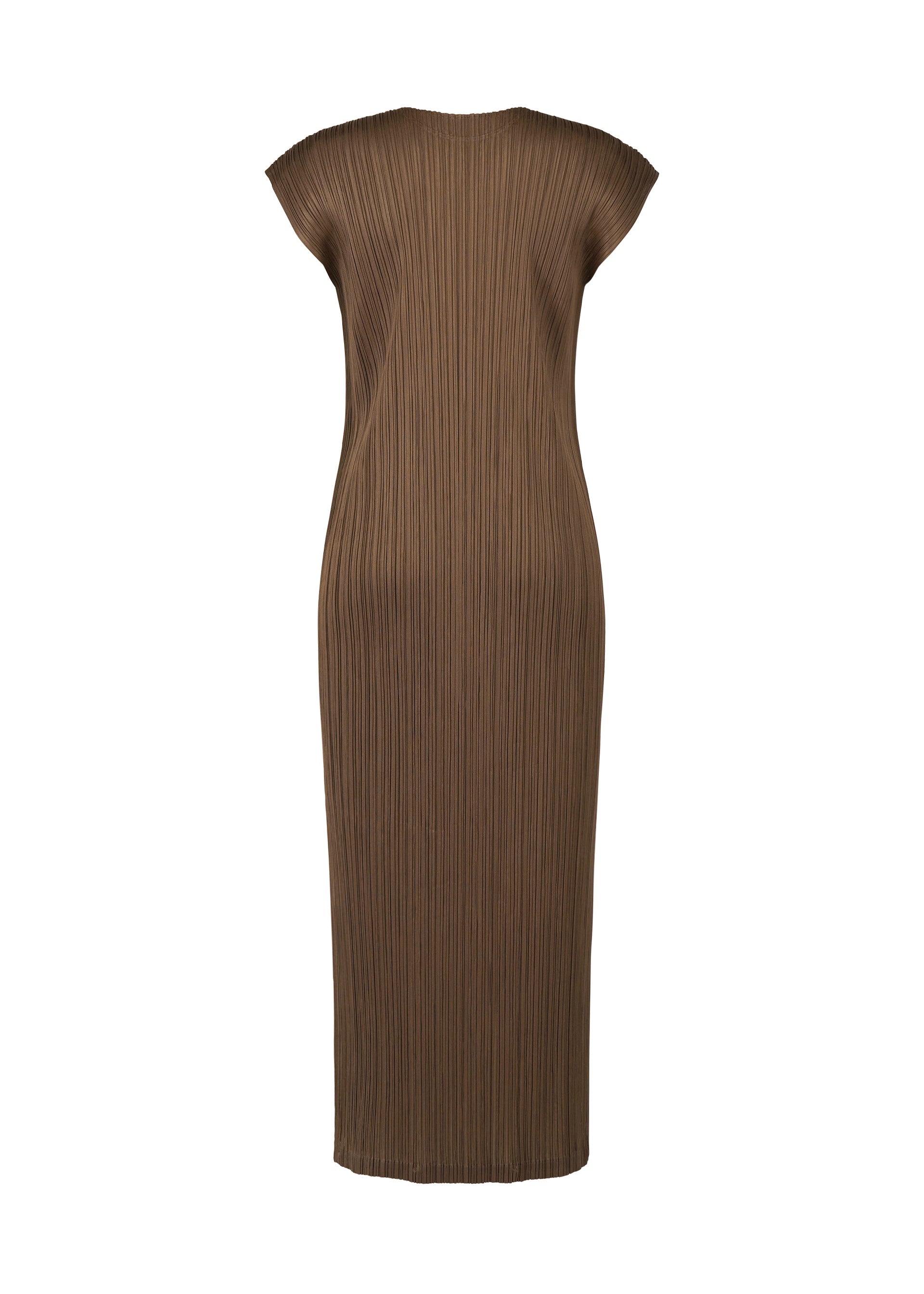 Zoomed view The SWING SOLID dress by PLEATS PLEASE ISSEY MIYAKE is a brown, calf-length round-neck style with French sleeves and pleated texture, shown from the back against a white background—ideal for versatile styling.