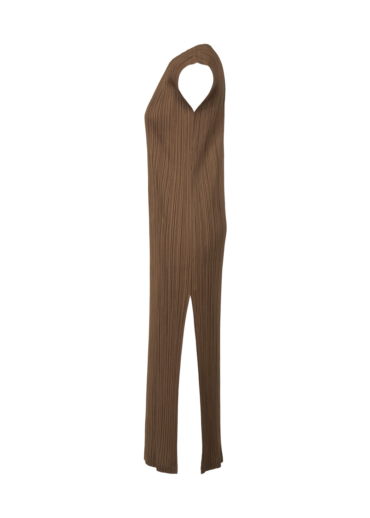 The SWING SOLID by PLEATS PLEASE ISSEY MIYAKE is a brown sleeveless jumpsuit with a ribbed texture, wide legs, and an asymmetrical neckline with a teardrop cutout, shown on a plain white background. view 5 of 6