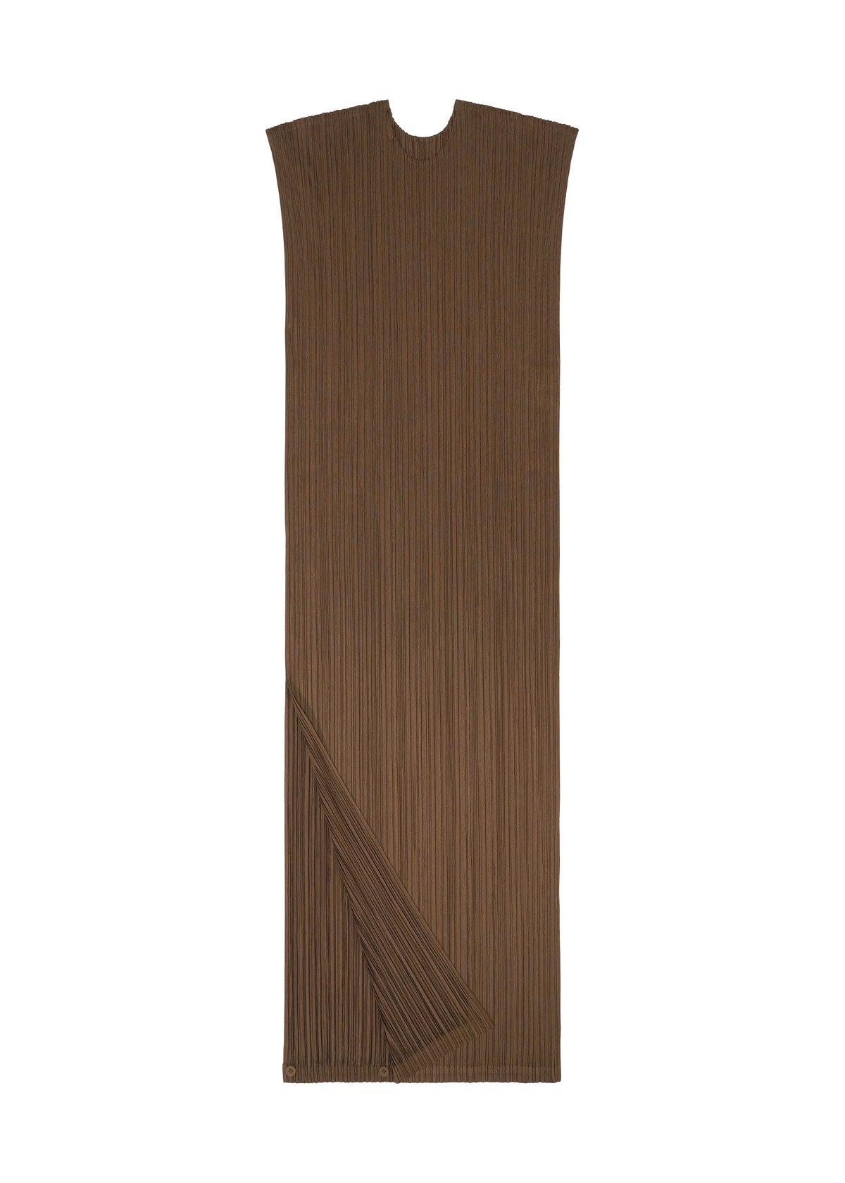 The SWING SOLID dress by PLEATS PLEASE ISSEY MIYAKE is a long, rectangular brown pleated design with a round neck and asymmetrical pleats on the lower left for versatile styling. view 6 of 6