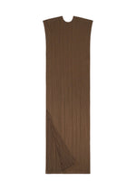The SWING SOLID dress by PLEATS PLEASE ISSEY MIYAKE is a long, rectangular brown pleated design with a round neck and asymmetrical pleats on the lower left for versatile styling.