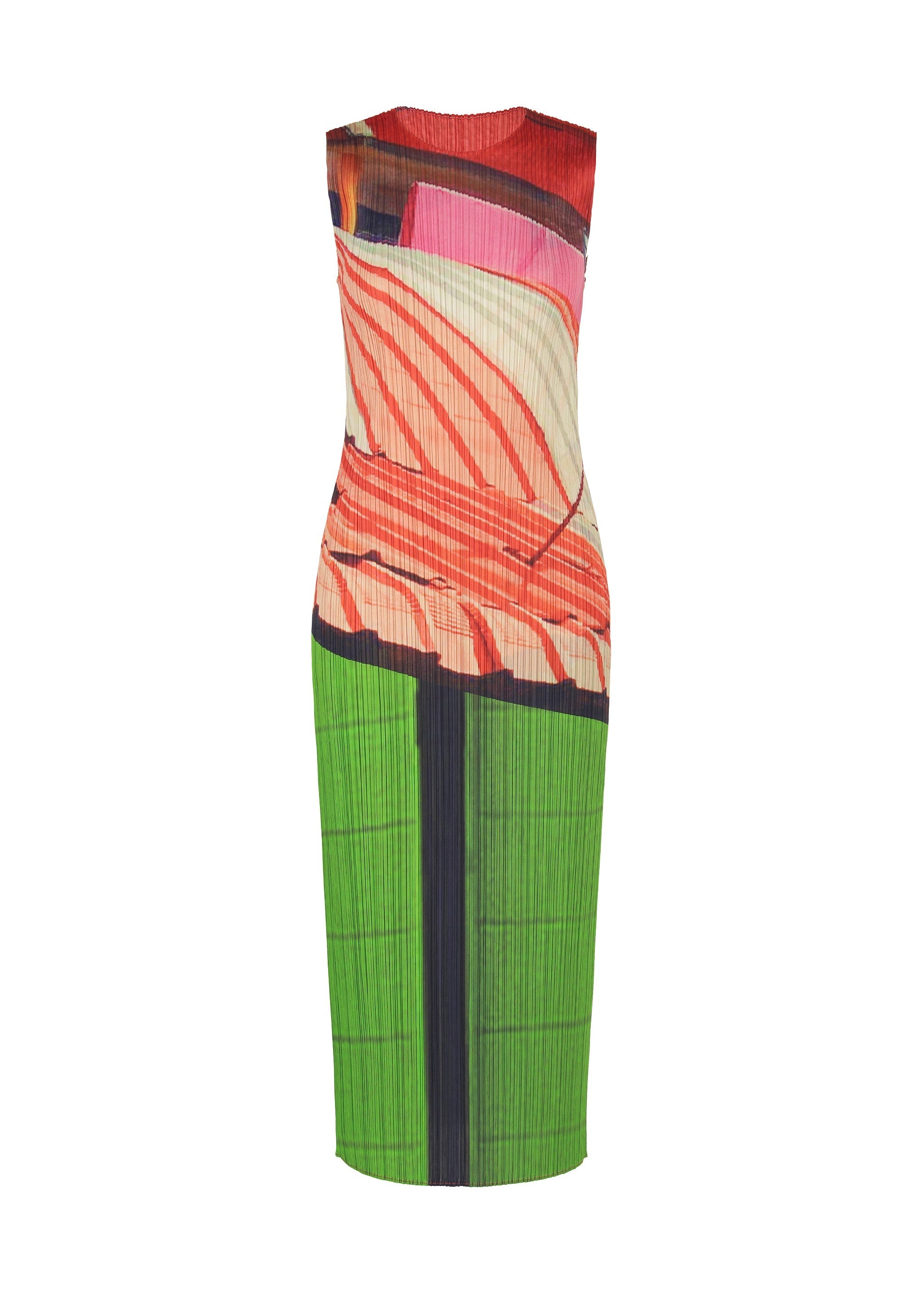 Zoomed view The CITY COLLAGE dress from PLEATS PLEASE ISSEY MIYAKE is a sleeveless, fitted round-neck style with a colorful abstract collage—red, pink, and cream on top and bright green below—shown against a white backdrop. - RED×GREEN （no.08）