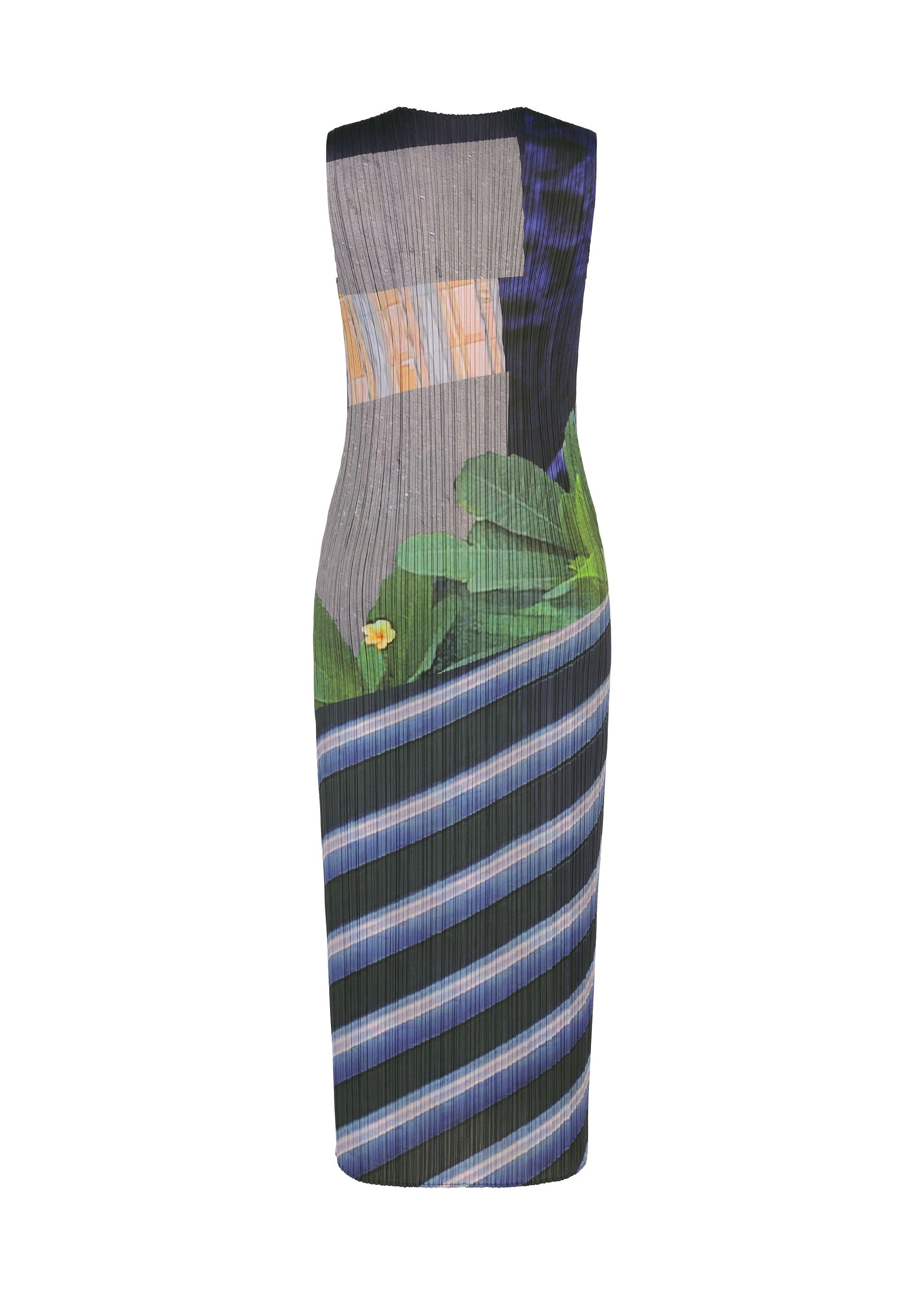 Zoomed view The CITY COLLAGE dress by PLEATS PLEASE ISSEY MIYAKE is sleeveless, knee-length, and fitted, featuring a round neck and collage patterns of stripes and abstract leaf prints in blue, green, gray, and peach tones.