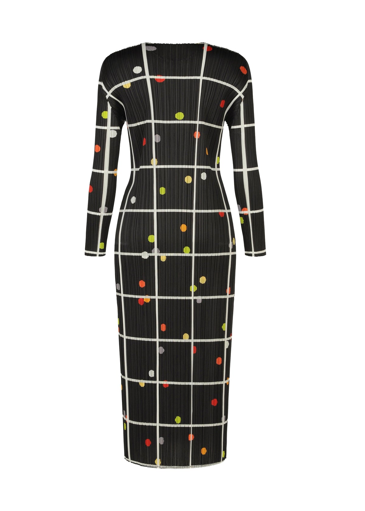 CROSSING DOTS by PLEATS PLEASE ISSEY MIYAKE: a black, long-sleeved dress with a round neck, white grid pattern, and scattered multicolored dots in yellow, red, and orange. Shown on a plain white background. view 3 of 7
